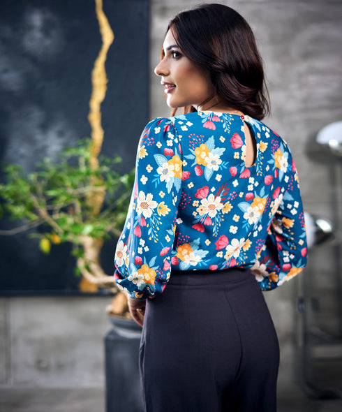 Floral Long Sleeve Blue Chiffon  Top